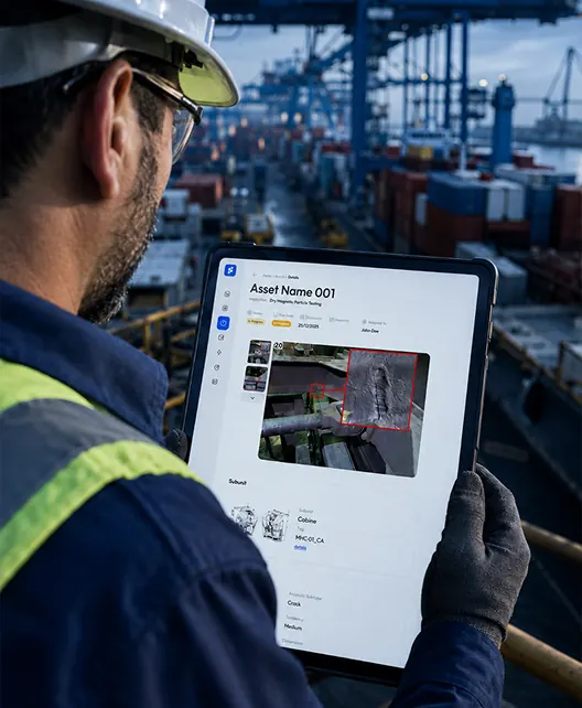 Field inspector reviewing a flagged corrosion defect on the Strim app